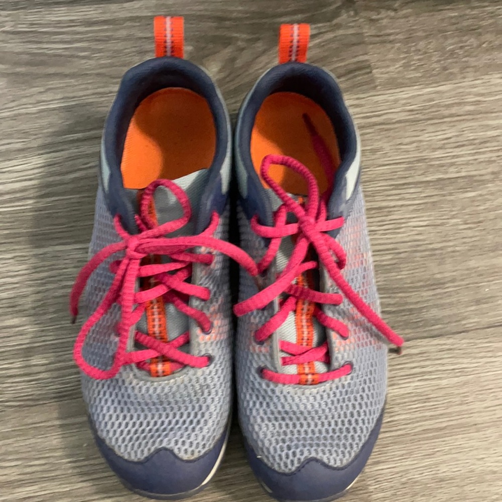 Pink and blue sneakers.